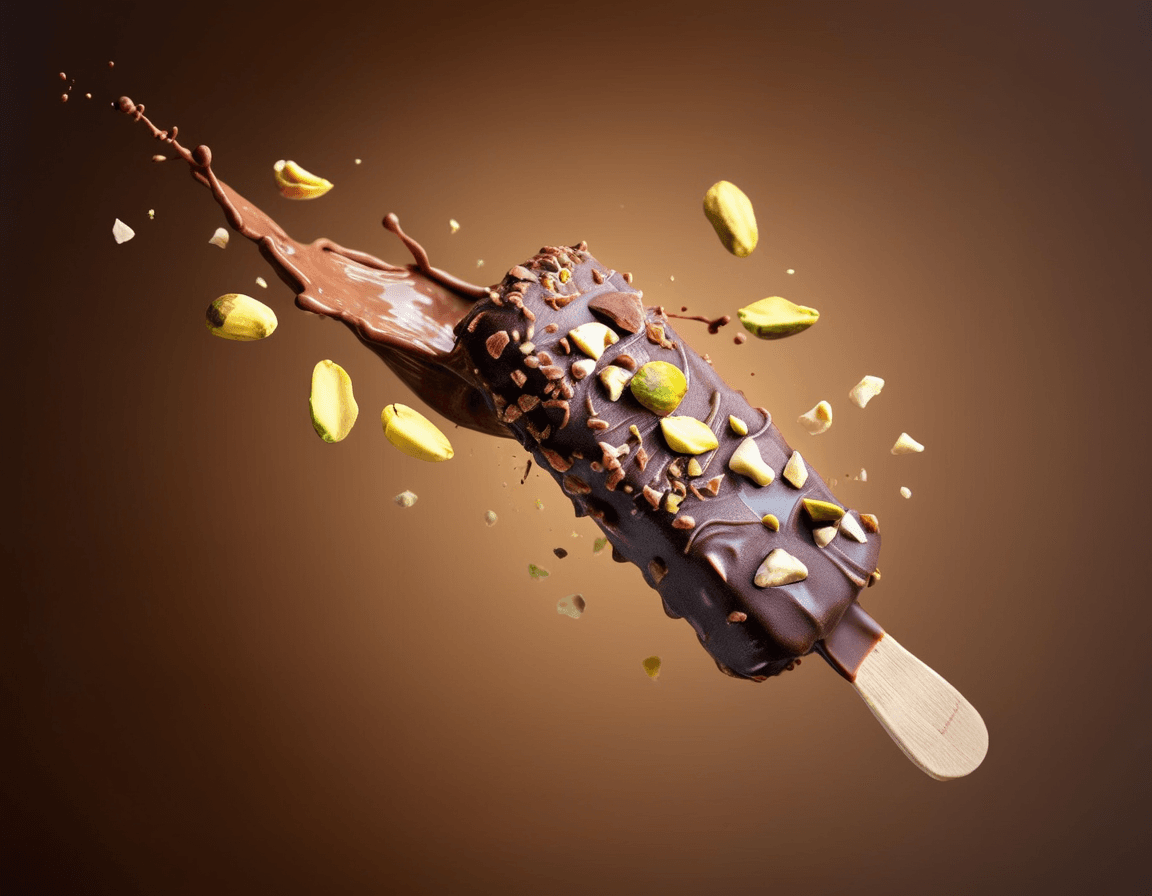 Chocolate ice cream bar on a wooden table before background removal